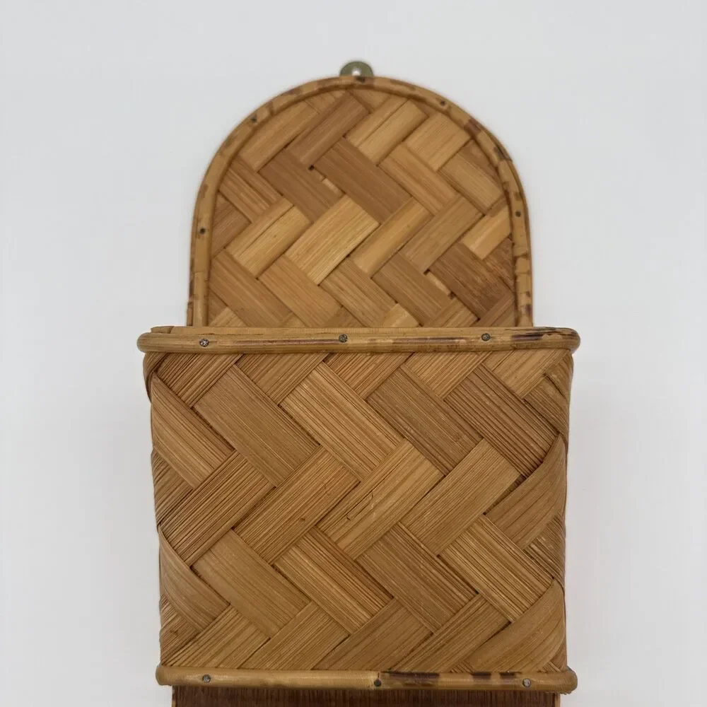 Vintage Bamboo Woven Letter Holder Wall Storage Herringbone Hong Kong